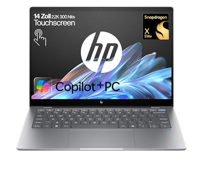 HP OmniBook X Next Gen AI Laptop | Qualcomm Snapdragon X Elite X1E-78-100 (12C) mit dedizierte NPU für KI | 45 NPU TOPS | Copilot+ PC | 14" 2,2K Touchscreen | 16 GB RAM | 1TB SSD | Win11 | Silber