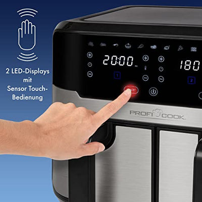 ProfiCook® Doppel-Heißluftfritteuse | 9 Liter | XXL Heißluftfritteuse Doppelkammer | Frittieren mit heißer Luft ohne zusätzliches Öl | 9 Programme | Air Fryer |Touchscreen | 2400 Watt | PC-FR 1242 H