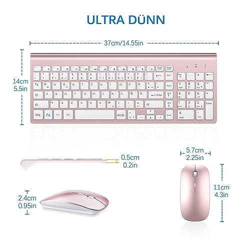 Tastatur Maus Set Ultra Slim, TopMate 2,4G Stille Compact USB 2400DPI Maus und Schissschalter Tastatur mit Abdeckung, mit 2 AA & 2 AAA Batterien für PC/Laptop/Windows/Mac-Rose Gold Weiß