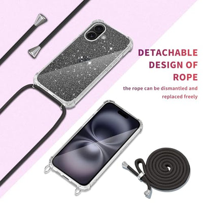 Tikgue Handykette für iPhone 16 Hülle mit Band, Handyhülle mit Kordel zum Umhängen Schutzhülle mit Kette Glitzer Transparent Weich TPU Silikon Bumper - Schwarz