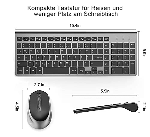 JOYACCESS Tastatur Maus Set Kabellos, 2.4G Ultra-Dünne Funktastatur mit Maus, QWERTZ Layout (Deutsch), Ergonomische Keyboard Mouse für Computer/Desktop/PC/Laptop/Windows 10/8/7, Schwarz und Grau