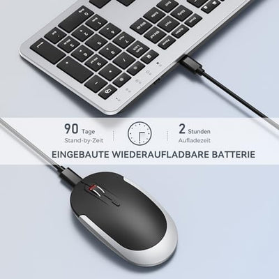 Tastatur Maus Set Kabellos, seenda Ultra-Dünne Wiederaufladbare Funk Tastatur Maus Set, Ergonomische Tastatur Kabellos mit Silikon Staubschutz für PC/Laptop/Smart TV, DE QWERTZ Layout, Schwarz&Silber