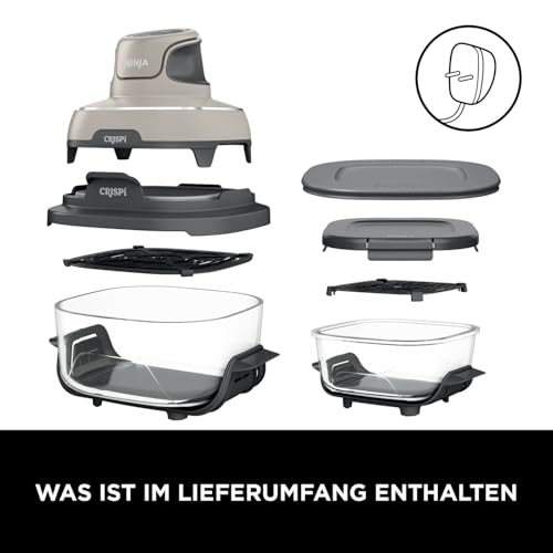 Ninja CRISPi tragbare Airfryer Heißluftfritteuse, 3,8 l, 4-in-1: Heißluftfrittieren, Braten, Warmhalten, Recrisp, kompakt, 6 Portionen, 2x herausnehmbare Glasbehälter & Deckel, 1700 W, Stein FN101EUST