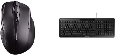 CHERRY MW 3000, kabellose Maus, ergonomische Rechtshändermaus, 6 Tasten-Maus schwarz & Stream Keyboard, Deutsches Layout, QWERTZ Tastatur, kabelgebundene Tastatur, schwarz