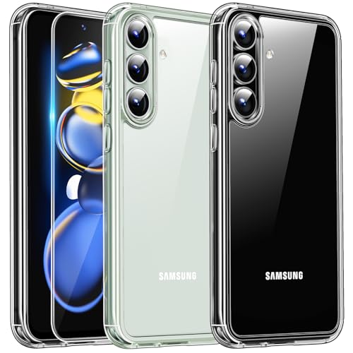 TAURI 3 in 1 für Samsung Galaxy S24 FE Hülle, Handyhülle für S24 FE Case, mit 1 Handyhülle + 2 Stück Schutzfolie, Anti-Gelb Stoßfest Schutzhülle -Transparent