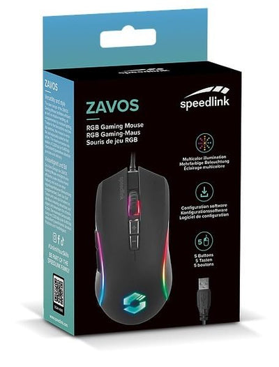 SPEEDLINK ZAVOS Gaming Mouse – Gaming Maus mit Kabel, mehrfarbige LED Beleuchtung, 5 Tasten PC Maus kabelgebunden, DPI-Schalter bis 6400dpi, gummierte Oberfläche, ummanteltes Kabel, schwarz