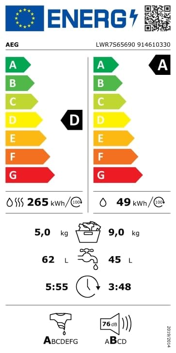 AEG LWR7S65690 Waschtrockner / Serie 7000 mit DualSense / 9 kg Waschen / 5 kg Trocknen / D / energiesparend / Mengenautomatik / Nachlegefunktion / ProSteam - Auffrischfunktion / 1600 U/min