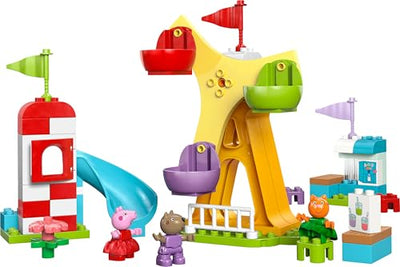 LEGO DUPLO Peppa Wutz Jahrmarkt - Montessori Spielzeug - Motorikspielzeug für Kinder ab 2 Jahren - Vorschule Spiele mit Riesenrad, Rutsche & 3 Figuren inkl. Mollie Mieze & Klausi Kläff 10453