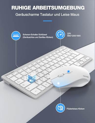 TECKNET Kabelloses Tastatur Maus Set, Deutsch QWERTZ Layout, 2.4 GHz Funk Mini Tastatur Mouse, 15m Reichweite Verbindung, Wireless Leise Funktastatur mit Maus für PC, Laptop, Smart TV, Silber