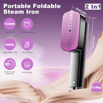 Tragbarer Dampfglätter, 1300W Reise Dampfglätter mit 100ml Wasser Tank, 2 In 1 Steamer Dampfglätter Bügeleisen, 1.32 lbs Leicht Hemdenbügler, Reisegröße Tragbares Mini Steam Iron für Reisen Haus