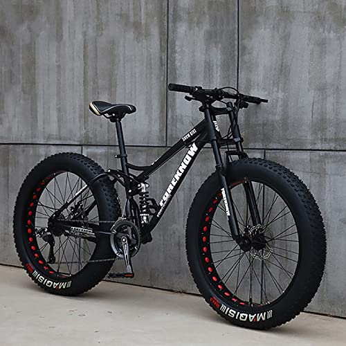 Wmmner Mountainbike, 66 cm (26 Zoll), 27-Gang, High-Carbon-Stahlrahmen, Vollfederung, Dual-Scheibenbremse, 10,16 cm (4,0 Zoll) dicke Räder für Trail und Strandfahren/Schwarz (A)/66 cm (27 Zoll)