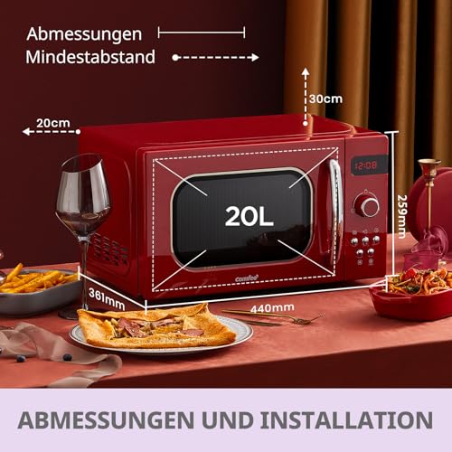 Comfee CMSRO 20 di rd Retro-Mikrowelle mit 8 Automatikmenüs, 5 Leistungsstufen, Schnellkochtaste, 20 l, 800 W, leidenschaftlich rot