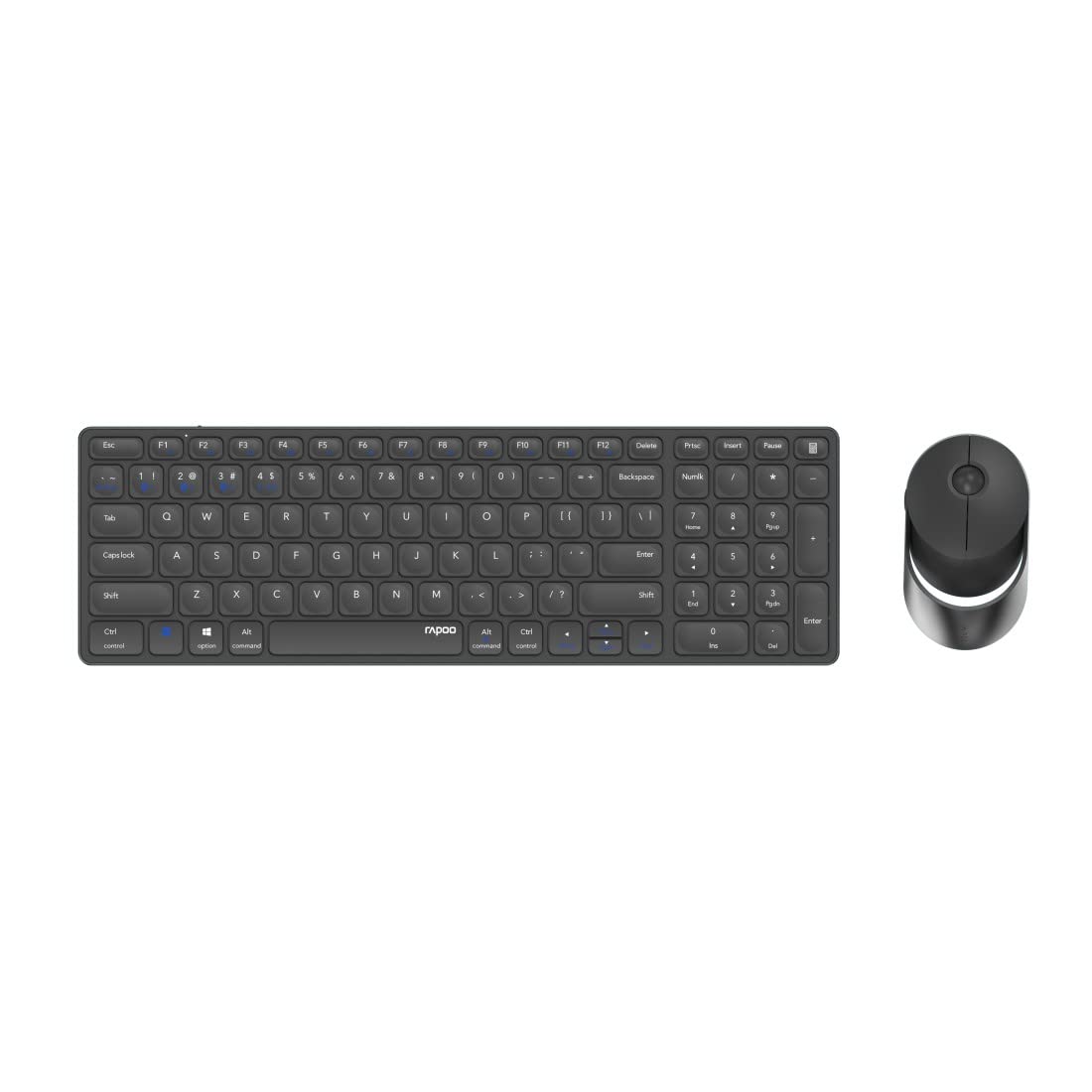 Rapoo 9750M kabelloses Tastatur-Maus Set Wireless Deskset 1600 DPI Sensor wiederaufladbarer Akku flaches Aluminium Design DE-Layout QWERTZ PC & Mac - dunkelgrau