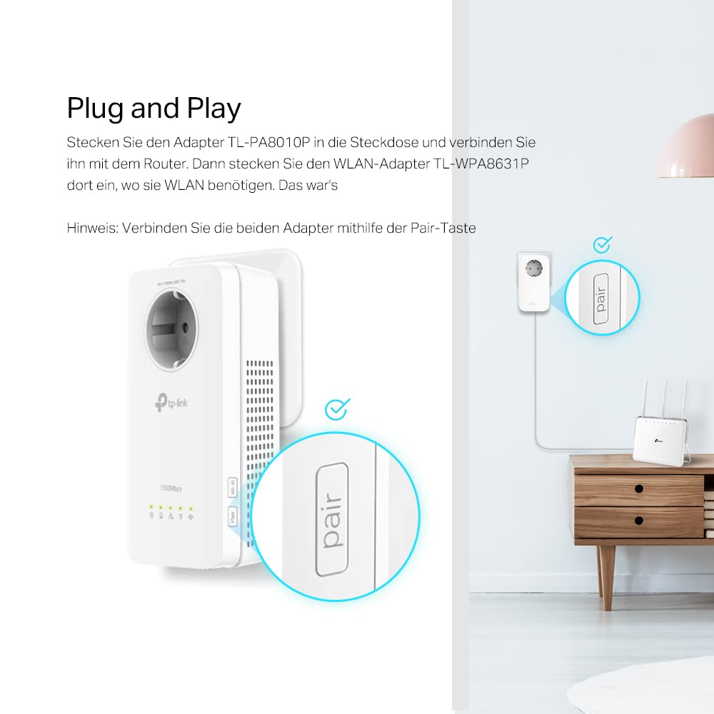 TP-Link WLAN Powerline Adapter Set TL-WPA8631P KIT(Dualband 1200Mbit/s, AV1300 , Steckdose, Wifi Clone, MU-MIMO, 4 Gigabit Ports, Plug&Play, ideal für HD-Streaming, App Kontrolle)weiß