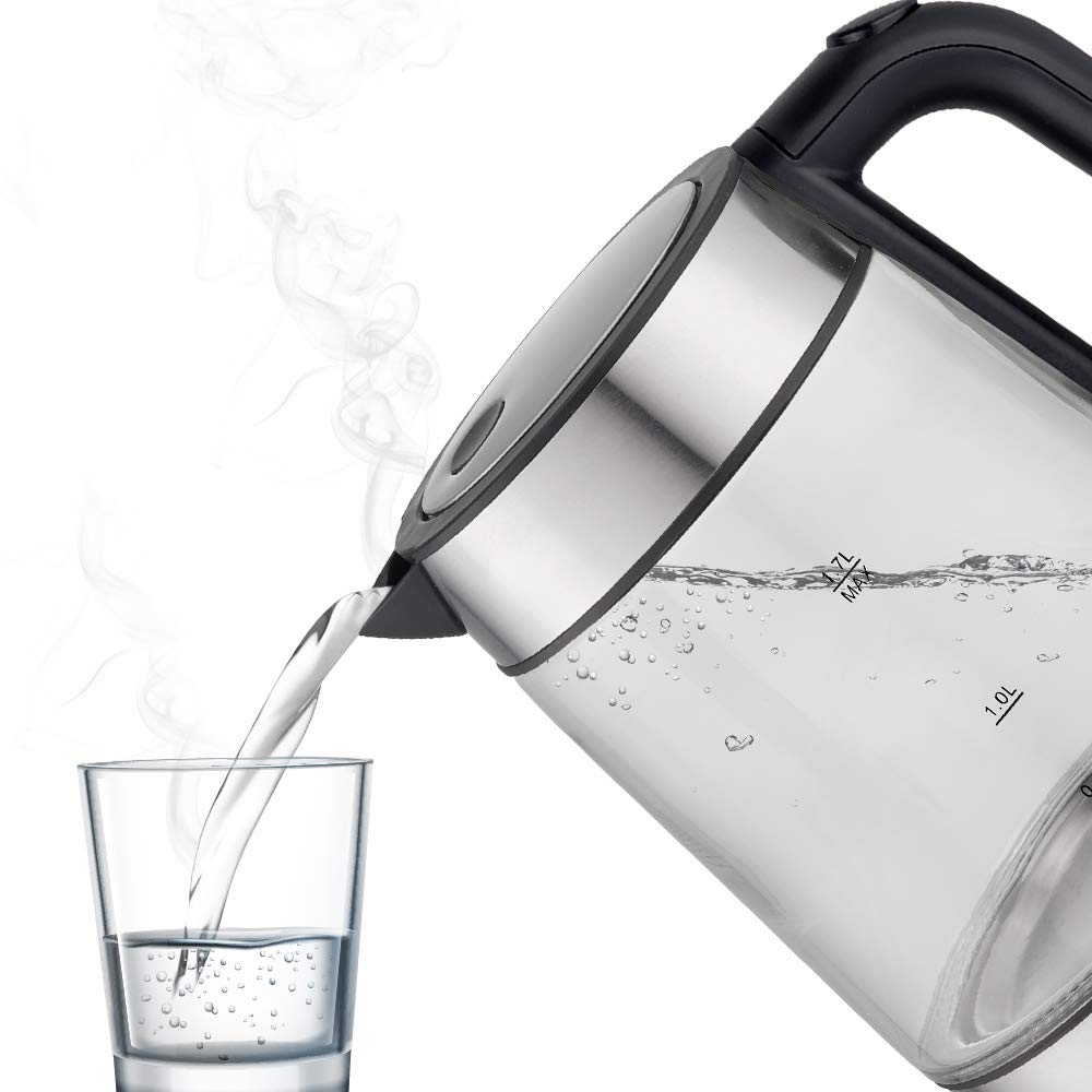ANSIO Wasserkocher Edelstahl,1,7 Liter, 2200 watts Wasserkocher mit Herausnehmbarer Kalkfilter, Abschaltautomatik, Schnellkochfunktion Wasserstandsanzeige beleuchtet BPA Frei (Klar Glas)