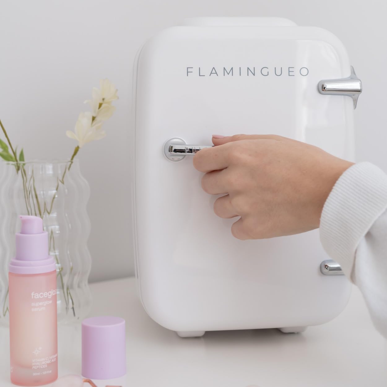 Flamingueo Mini Kühlschrank - Kühlschrank Klein 4L, 12V/220V, Mini Fridge, Skincare, Funktion Kühlen und Heizen, Tischkühlschrank, Kosmetik Kühlschrank