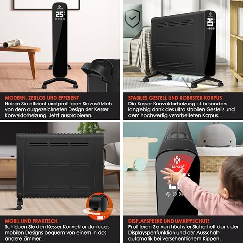 KESSER® Konvektor Premium 1200W ECO 2400W Power Mode Heizstufen Thermostat Elektroheizung WiFi App & Fernbedienung Touch-Display Timer mobiles Heizgerät Energiesparend Überhitzungsschutz Schwarz