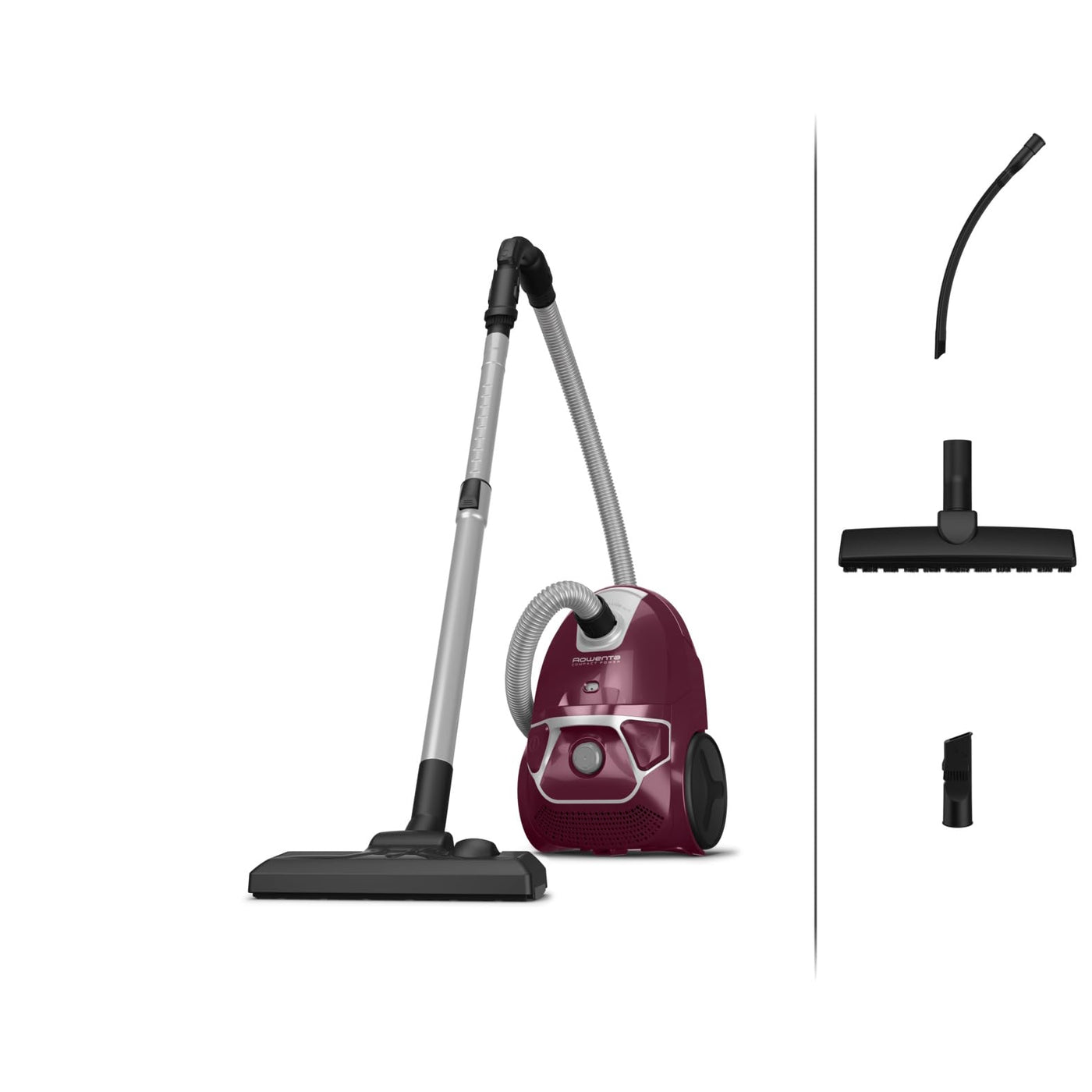 Rowenta Compact Power Staubsauger mit Beutel, 750 Watt, 3 Liter Staubbeutel, 2-in-1-Fugendüse, Home & Car-Set, für alle Bodenarten, kompaktes Design, Bodenstaubsauger, ‎dunkelrot /silber, RO3969EA