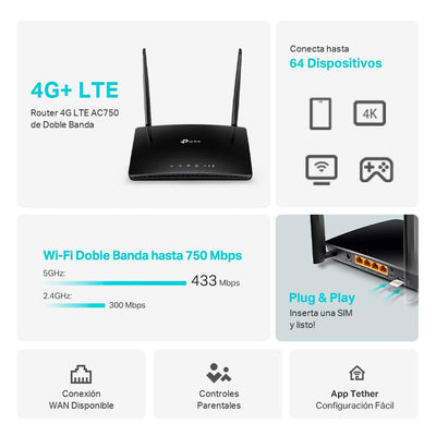 TP-Link Archer MR202 LTE Router, 4G Router SIM Karte, WLAN Dual-Band AC750, 4G Cat4 bis zu 150 Mbit/s, 4 Ports, Plug and Play, MU-MIMO, TP-Link One Mesh