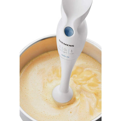 Siemens Stabmixer MQ5B150N, 4-Klingen-Messer, Mix- und Messbecher, abnehmbarer Mixfuß, ergonomischer Griff, einfache Reinigung, 300 W, weiß/blau