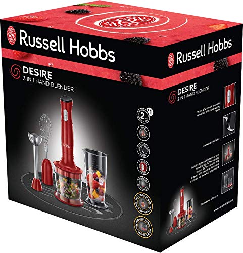 Russell Hobbs Stabmixer [3-in-1: Pürierstab/Zerkleinerer, Mixer- & Schneebesenaufsatz] Desire Rot (BPA-freies & spülmaschinenfestes Zubehör, für Smoothie, Suppen Saucen, Joghurt Babynahrung) 24700-56