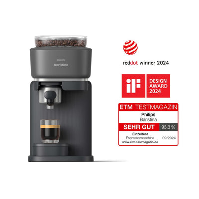 Philips Baristina Espressomaschine - Real Espresso, made simple. Kompakte Kaffeemaschine, Naturweiß mit Eschenholz-Siebträger, 16-bar-Pumpendruck, automatisches Mahlwerk, Cafe Crema (BAR302/20)