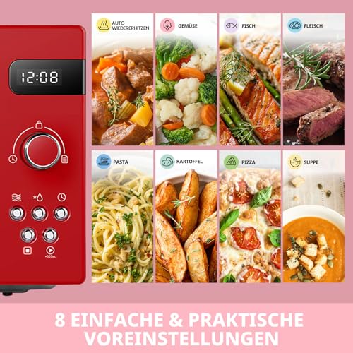 Comfee CMSRO 20 di rd Retro-Mikrowelle mit 8 Automatikmenüs, 5 Leistungsstufen, Schnellkochtaste, 20 l, 800 W, leidenschaftlich rot