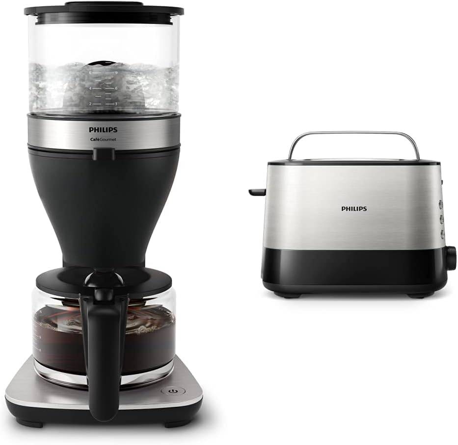 Philips Filterkaffeemaschine – 1.25L-Fassungsvermögen, bis zu 15 Tassen, Boil & Brew, schwarz/silbern (HD5416/60) & HD2637/90 Toaster, 7 Stufen, Brötchenaufsatz, Stopp-Taste, 1000 W, schwarz/edelstahl