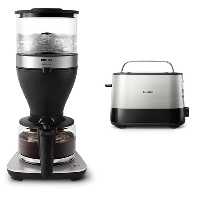 Philips Filterkaffeemaschine – 1.25L-Fassungsvermögen, bis zu 15 Tassen, Boil & Brew, schwarz/silbern (HD5416/60) & HD2637/90 Toaster, 7 Stufen, Brötchenaufsatz, Stopp-Taste, 1000 W, schwarz/edelstahl