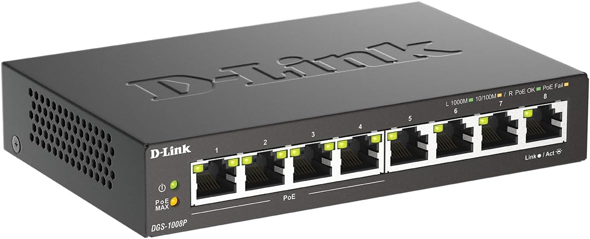 D-Link DGS-1008P, 8-Port Unmanaged PoE+ Gigabit Switch (8 Anschlüsse mit 10/100/1000 Mbit/s, 4 davon mit PoE-Unterstützung, 60W PoE Kapazität, Plug & Play, lüfterlos, Metallgehäuse)