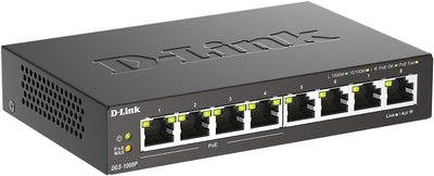 D-Link DGS-1008P, 8-Port Unmanaged PoE+ Gigabit Switch (8 Anschlüsse mit 10/100/1000 Mbit/s, 4 davon mit PoE-Unterstützung, 60W PoE Kapazität, Plug & Play, lüfterlos, Metallgehäuse)
