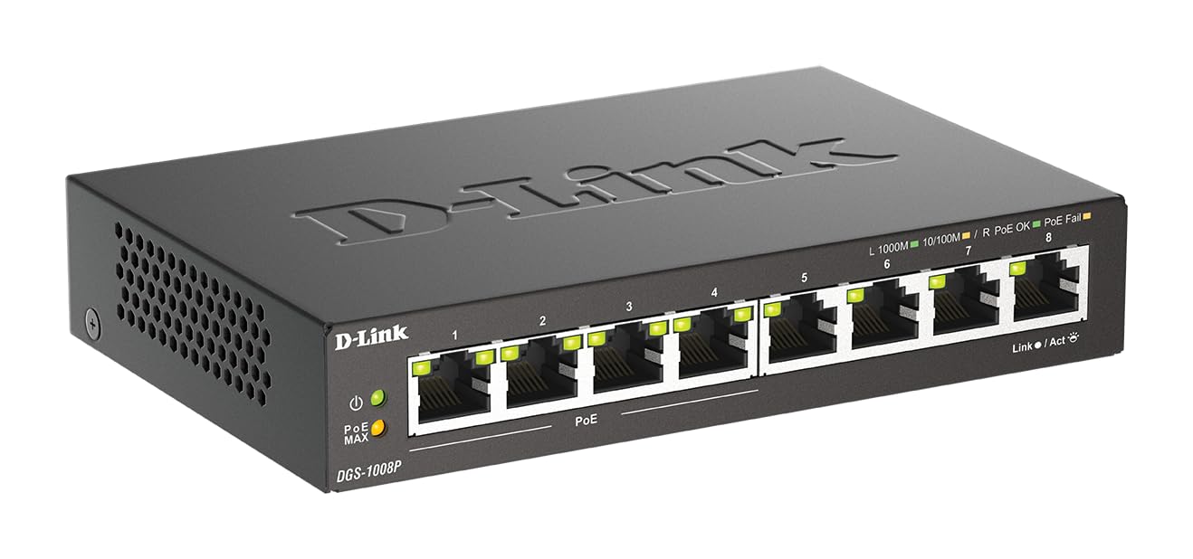 D-Link DGS-1008P, 8-Port Unmanaged PoE+ Gigabit Switch (8 Anschlüsse mit 10/100/1000 Mbit/s, 4 davon mit PoE-Unterstützung, 60W PoE Kapazität, Plug & Play, lüfterlos, Metallgehäuse)