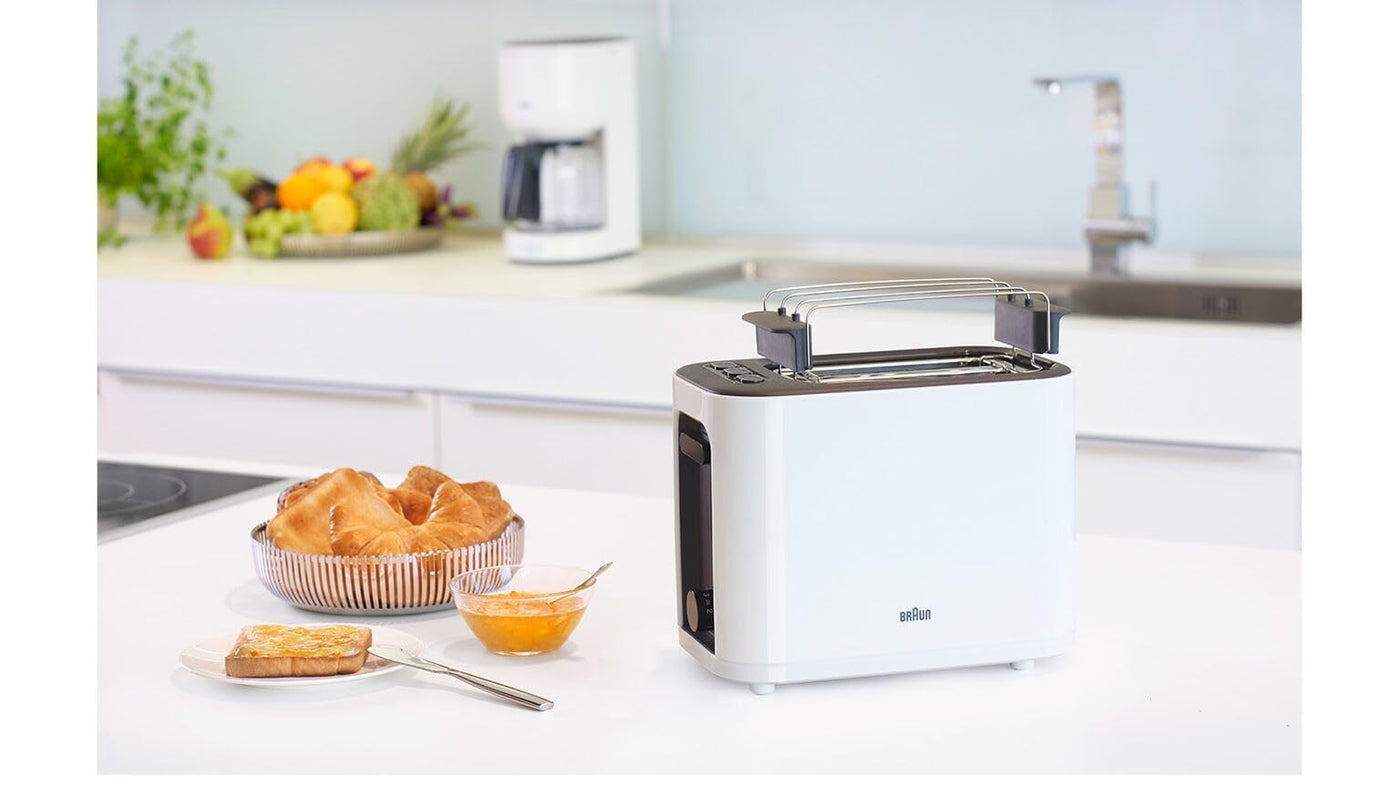 Braun HT 3010 WH Toaster | Doppelschlitz | Herausnehmbare Krümelschublade | Aufwärm- und Auftaufunktion | 7 Röstgrade | Separater Brötchenaufsatz | Weiß