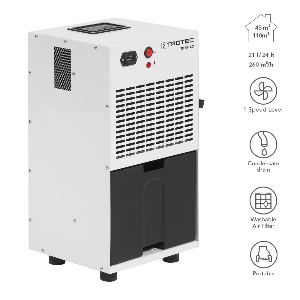 TROTEC Luftentfeuchter TTK 75 ECO Entfeuchter Entfeuchtung Raumentfeuchter 21 l/24h geeignet für Räume bis 45 m² / 110 m³
