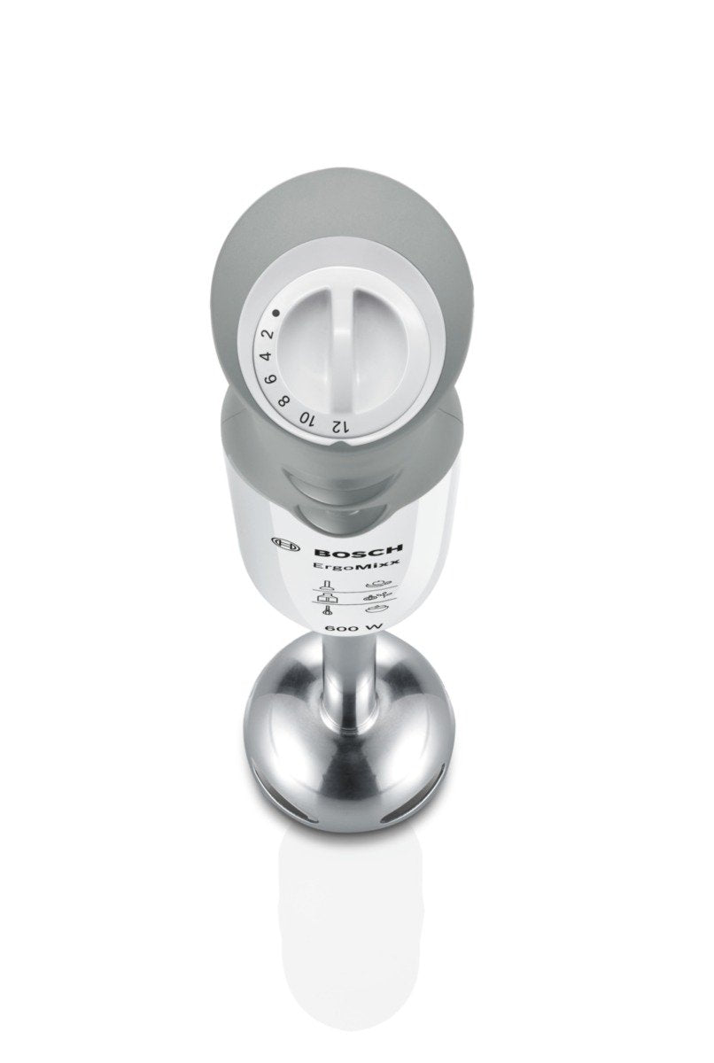 Bosch Stabmixer ErgoMixx MSM66120, Edelstahl-Mixfuß, Mix- und Messbecher, 4-Klingen-Messer, ergonomisches Design, 12 Stufen plus Turbo, 600 W, weiß/grau