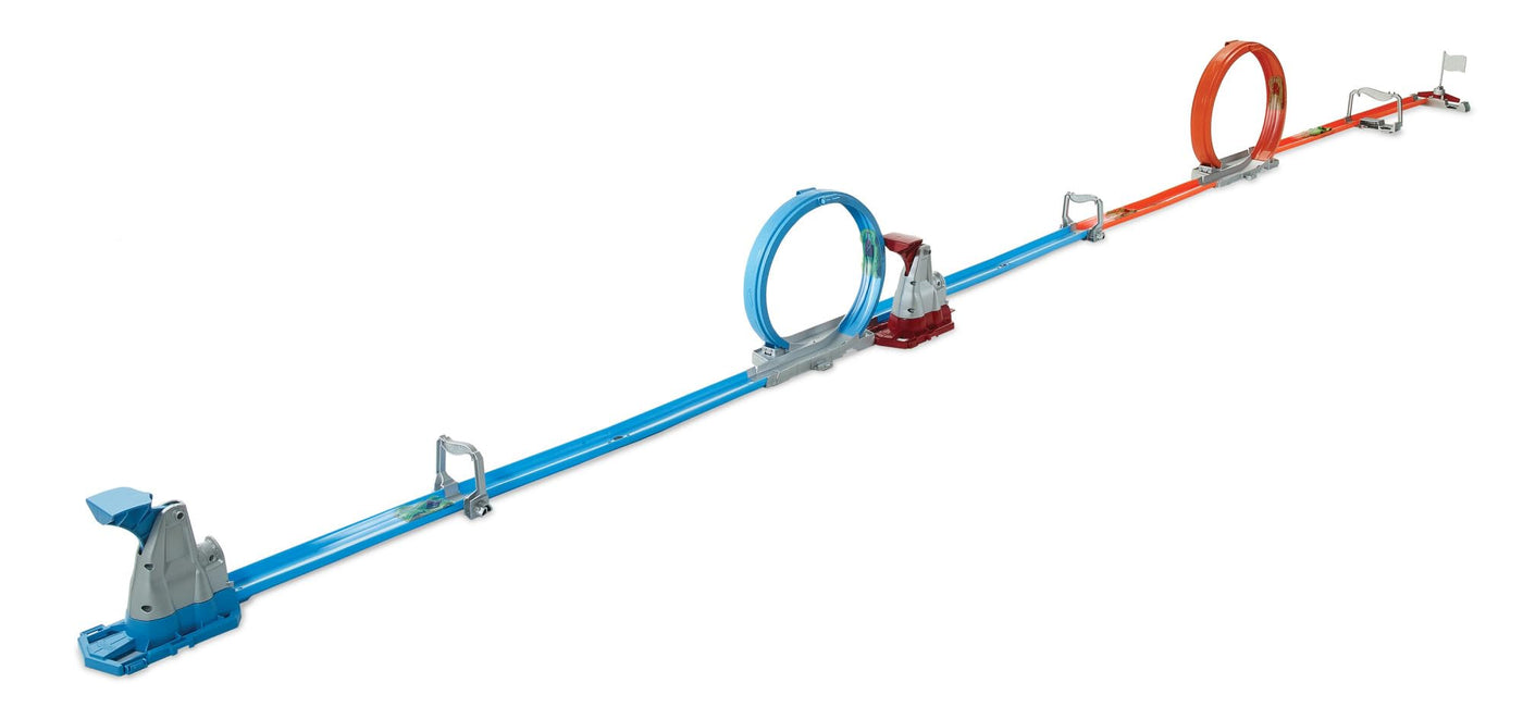 HOT WHEELS Zweispurige Looping Rennstrecke, gerade Trackteile, große Loopings und 2 Spielzeugfahrzeuge im Maßstab 1:64 für Kinder von 5 bis 10 Jahren, GFH85