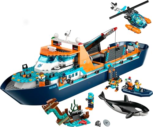 LEGO City Arktis-Forschungsschiff, großes schwimmfähiges Spielzeug-Boot mit Hubschrauber, Beiboot, ROV-U-Boot, Wikingerschiffswrack, 7 Minifiguren & Orca-Figur, Geschenk für Kinder ab 7 Jahren 60368