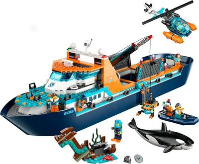 LEGO City Arktis-Forschungsschiff, großes schwimmfähiges Spielzeug-Boot mit Hubschrauber, Beiboot, ROV-U-Boot, Wikingerschiffswrack, 7 Minifiguren & Orca-Figur, Geschenk für Kinder ab 7 Jahren 60368