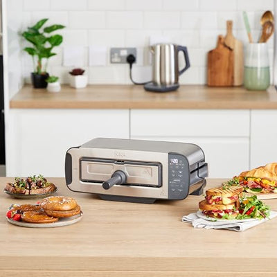 Ninja Foodi 3-in-1 Toaster, Elektrogrill mit Deckel, Panini-Presse mit Flip-Design, 7 Kochfunktionen, 7 Toastlinien, Backblech und Krümelschale, Edelstahl, ST202EU