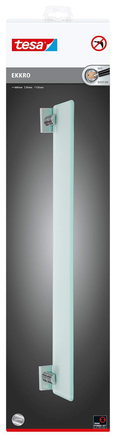 tesa EKKRO Glasablage aus satiniertem Glas, verchromte Halterung - Badablage zur Wandbefestigung ohne Bohren, inkl. Klebelösung - 600mm x 50mm x 120mm