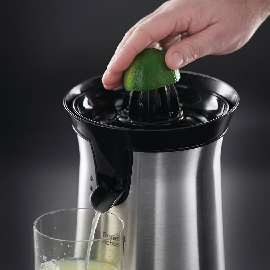 Russell Hobbs Orangenpresse & Zitruspresse elektrisch [links-& rechtsrotierend, 2 Presskegel für Zitronen/Orangen] Edelstahl (Tropf-Stopp-Funktion, spülmaschinenfest, BPA-frei) Saftpresse 22760-56