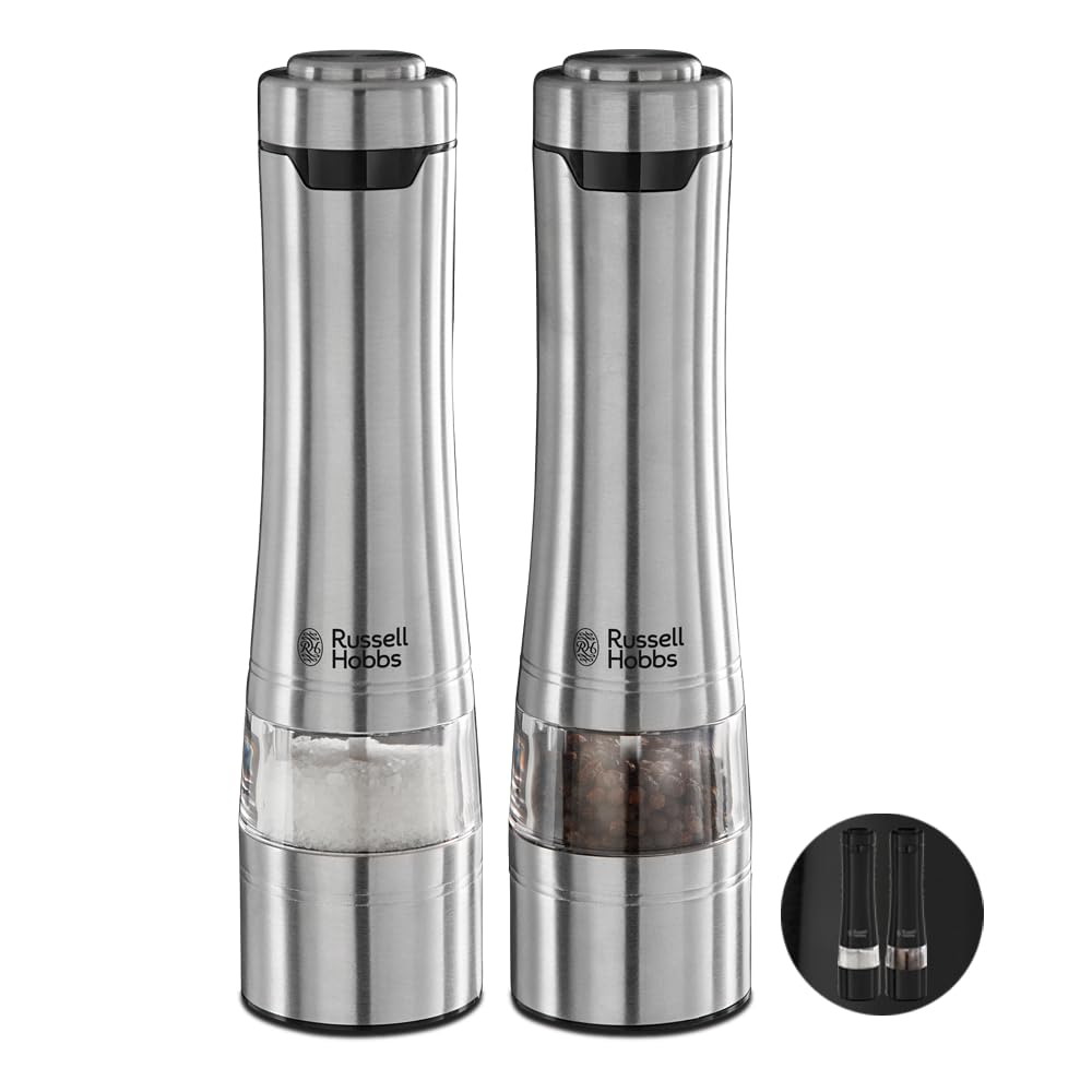 Russell Hobbs Salz und Pfeffer Mühle elektrisch [2er Set] Edelstahl (Keramikmahlwerk für getrocknete Gewürze & Kräuter, Mahlgrad einstellbar fein bis grob, LED Beleuchtung) Gewürzmühlen 23460-56
