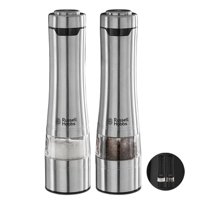 Russell Hobbs Salz und Pfeffer Mühle elektrisch [2er Set] Edelstahl (Keramikmahlwerk für getrocknete Gewürze & Kräuter, Mahlgrad einstellbar fein bis grob, LED Beleuchtung) Gewürzmühlen 23460-56