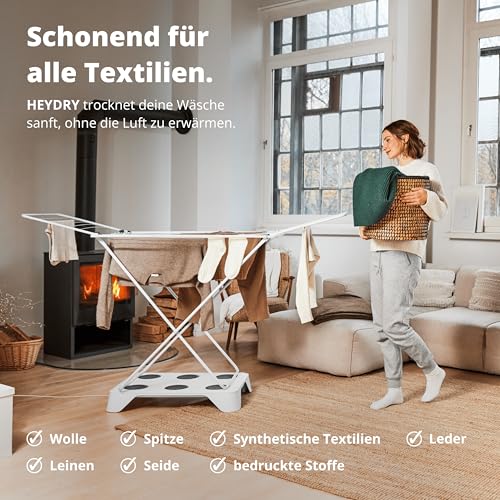 HEYDRY Wäschetrockner Wäscheständer - Made in Germany - schneller trockene Wäsche - platzsparend energiesparend klein - für jede Wäsche - Trockner Ventilator Lüfter - weiß