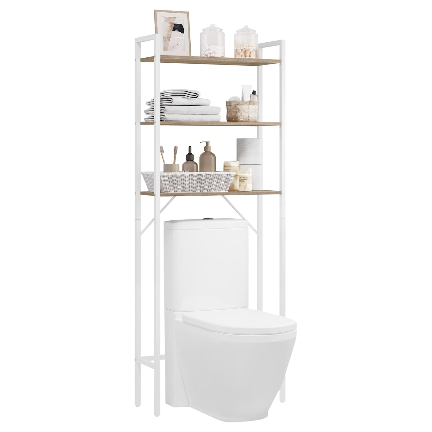 EUGAD Waschmaschinenregal, WC Regal über Waschmaschine Toilette, Waschmaschinenschrank Überbauschrank, Toilettenschrank, 3 Ablagen, Handtuchhalter, Metall Holzwerkstoff, 67x162x40 cm, Weiß