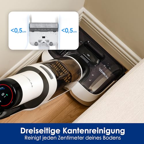 Tineco Floor One Stretch S6 Nass Trockensauger, 180°-Flachdesign Saugwischer 13cm Liegehöhe, 70°C 5min FlashDry Selbstreinigung, 3-Seitige Kantenreinigung 40min Laufzeit Reinigung unter tiefen Möbeln