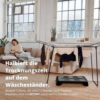 HEYDRY Wäschetrockner Wäscheständer - Made in Germany - schneller trockene Wäsche - platzsparend energiesparend klein - für jede Wäsche - Trockner Ventilator Lüfter - weiß