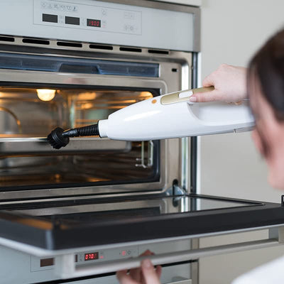 LIVINGTON Prime Steam Mop – Dampfbesen mit Knickgelenk für schwer erreichbare Stellen – vielseitiger Dampfreiniger zur Reinigung von Böden, Polstern und mehr - für schonende Bodenreinigung