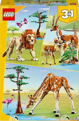 LEGO Creator 3in1 Tiersafari, Kreativ-Set mit Tierfiguren, 3 Baumöglichkeiten: Spielzeug-Giraffe, Gazellen und Löwe, Spielzeug-Tiere für Mädchen und Jungen, Natur-Geschenk für Kinder ab 9 Jahren 31150