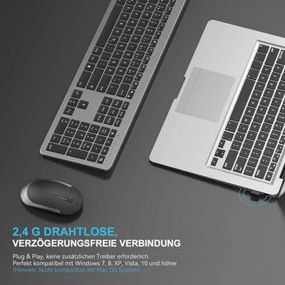 Tastatur Maus Set Kabellos, seenda Ultra-Dünne Wiederaufladbare Funktastatur mit Maus, Ergonomische Keyboard Mouse mit Silikon Staubschutz für PC/Laptop/Smart TV, DE QWERTZ Layout (Schwarz&Grau)